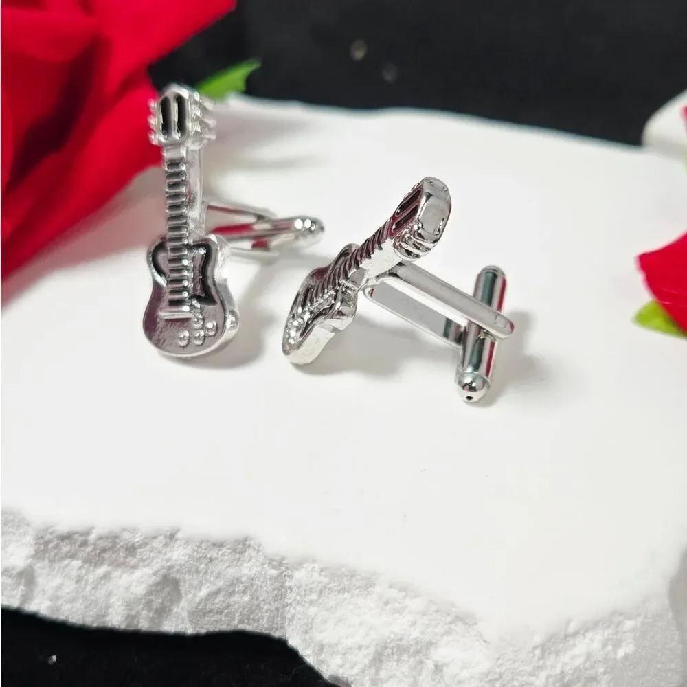 Guitar Cufflinks Silver Musician Tuxedo Prom Wedding Masculine Gift Professional